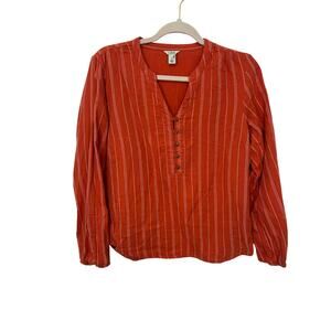 LL Bean Womens Shirt Stripe Soft Textured Orange Coastal Western S Cotton Basic